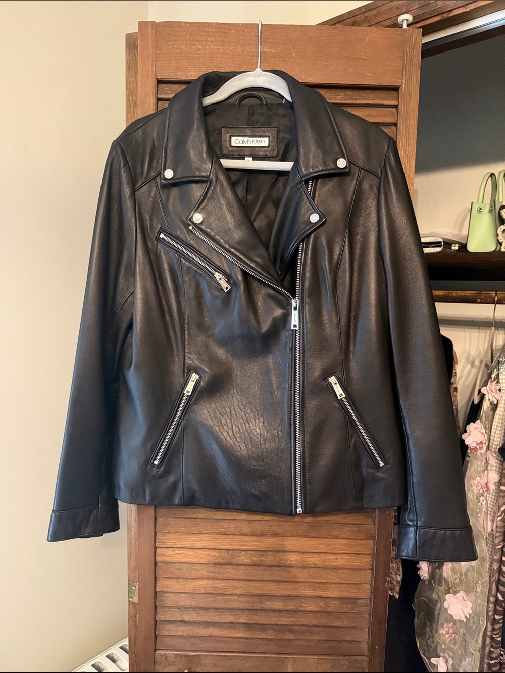 Calvin Klein Black Leather Asymmetrical Moto Jacket